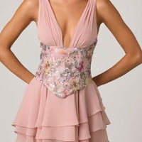 « Sakura » — Robe Mini Corset Fleurie à Volants, Rose