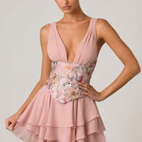 « Sakura » — Robe Mini Corset Fleurie à Volants, Rose