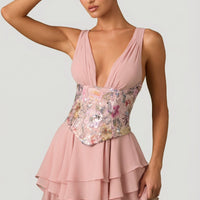 « Sakura » — Robe Mini Corset Fleurie à Volants, Rose