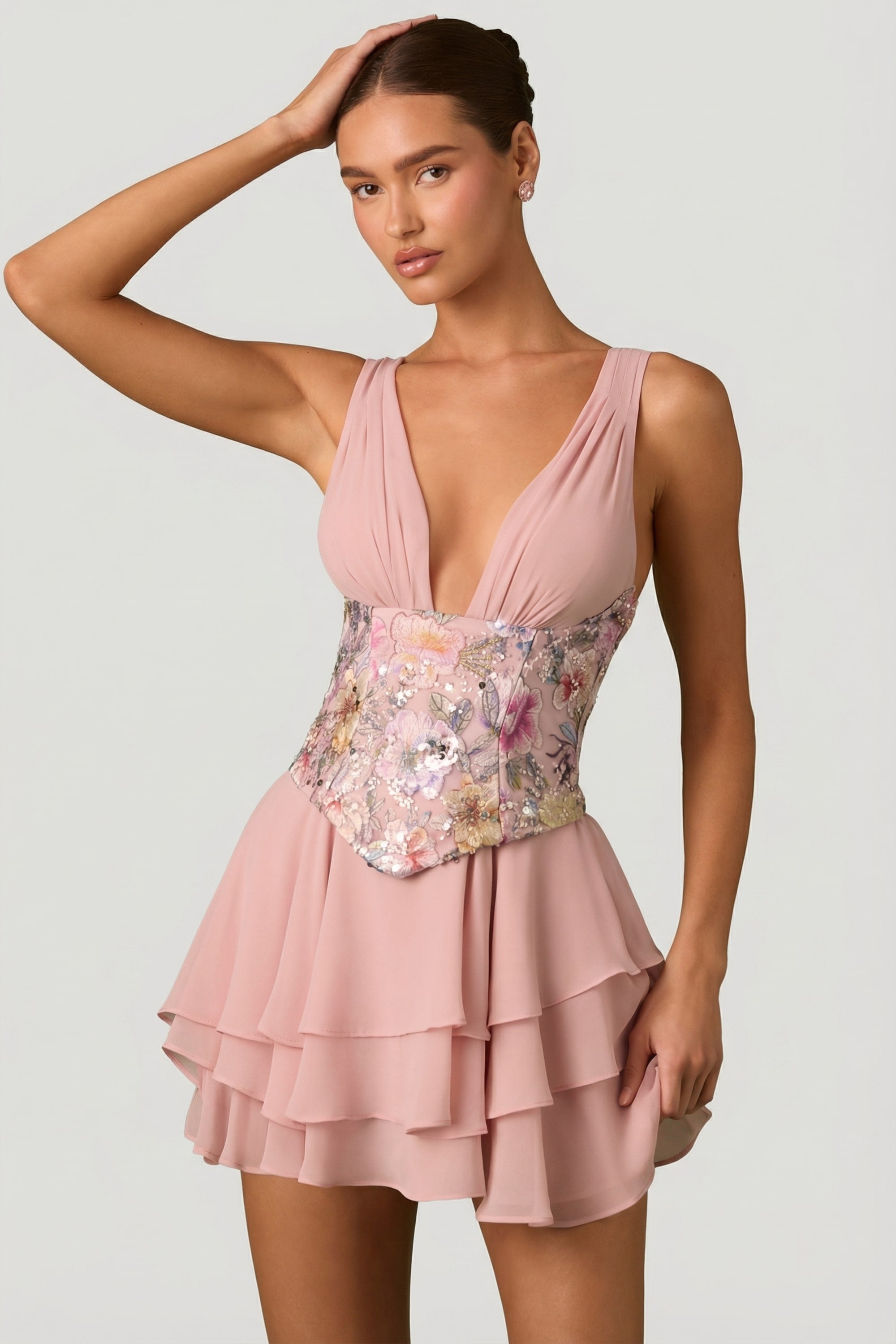 « Sakura » — Robe Mini Corset Fleurie à Volants, Rose