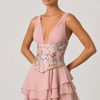 « Sakura » — Robe Mini Corset Fleurie à Volants, Rose