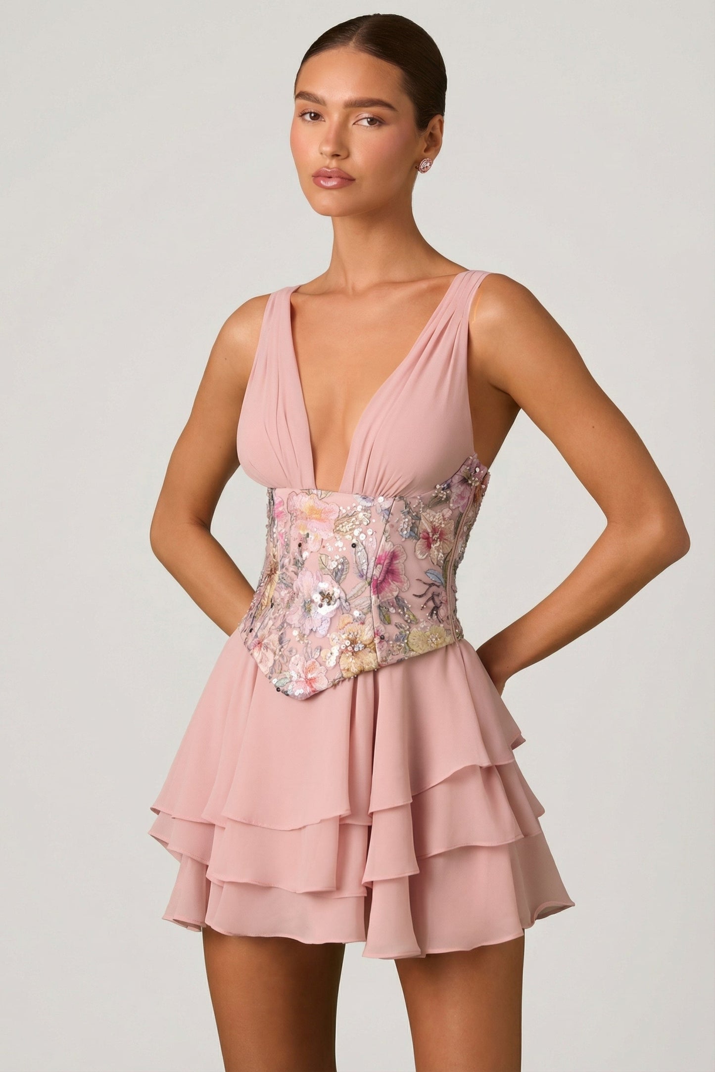 « Sakura » — Robe Mini Corset Fleurie à Volants, Rose