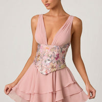 « Sakura » — Robe Mini Corset Fleurie à Volants, Rose