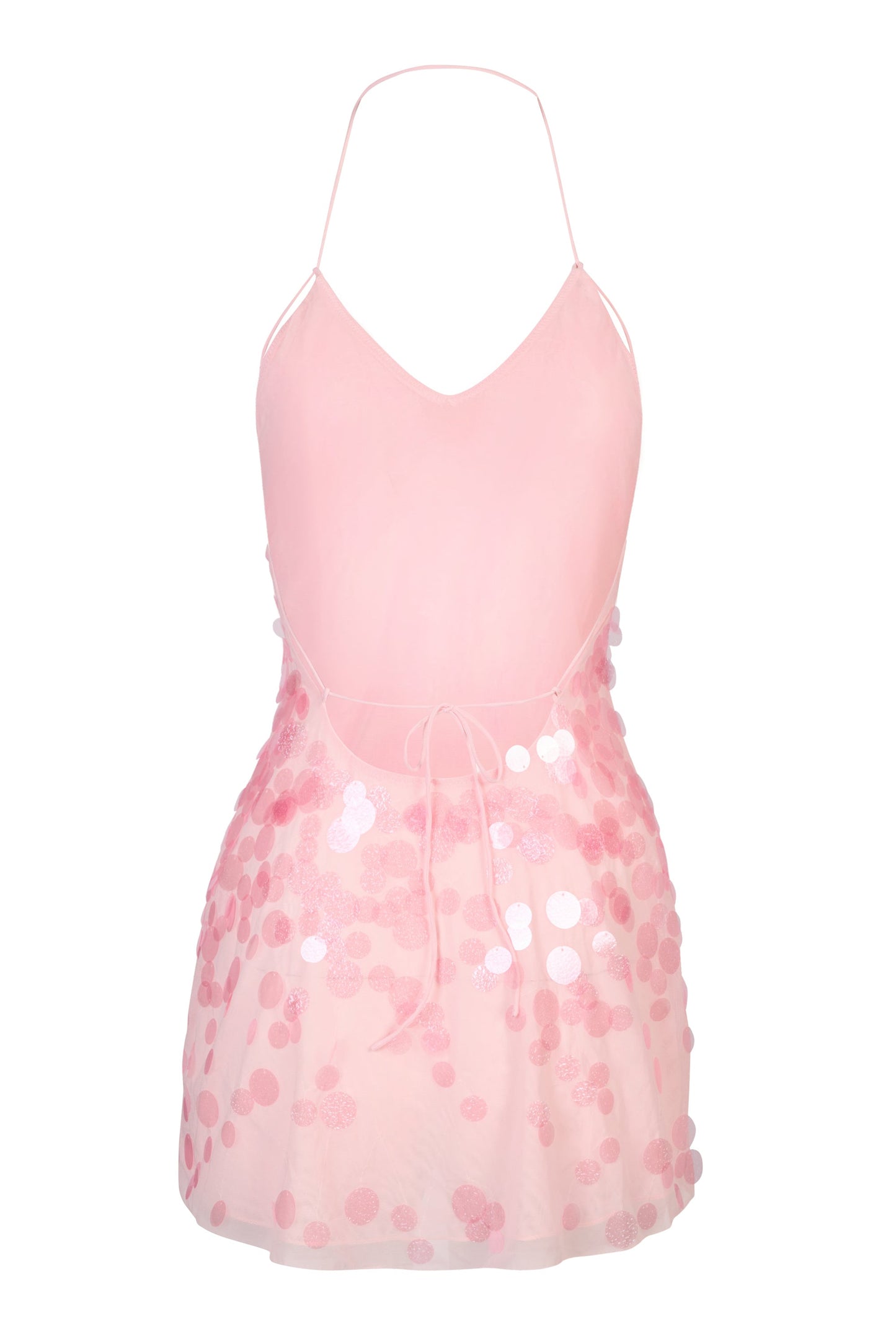 « Sirène » — Robe Courte Maille Pailletée Dos Nu, Rose Bébé