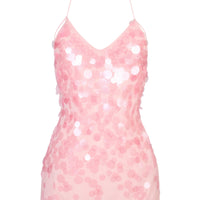 « Sirène » — Robe Courte Maille Pailletée Dos Nu, Rose Bébé