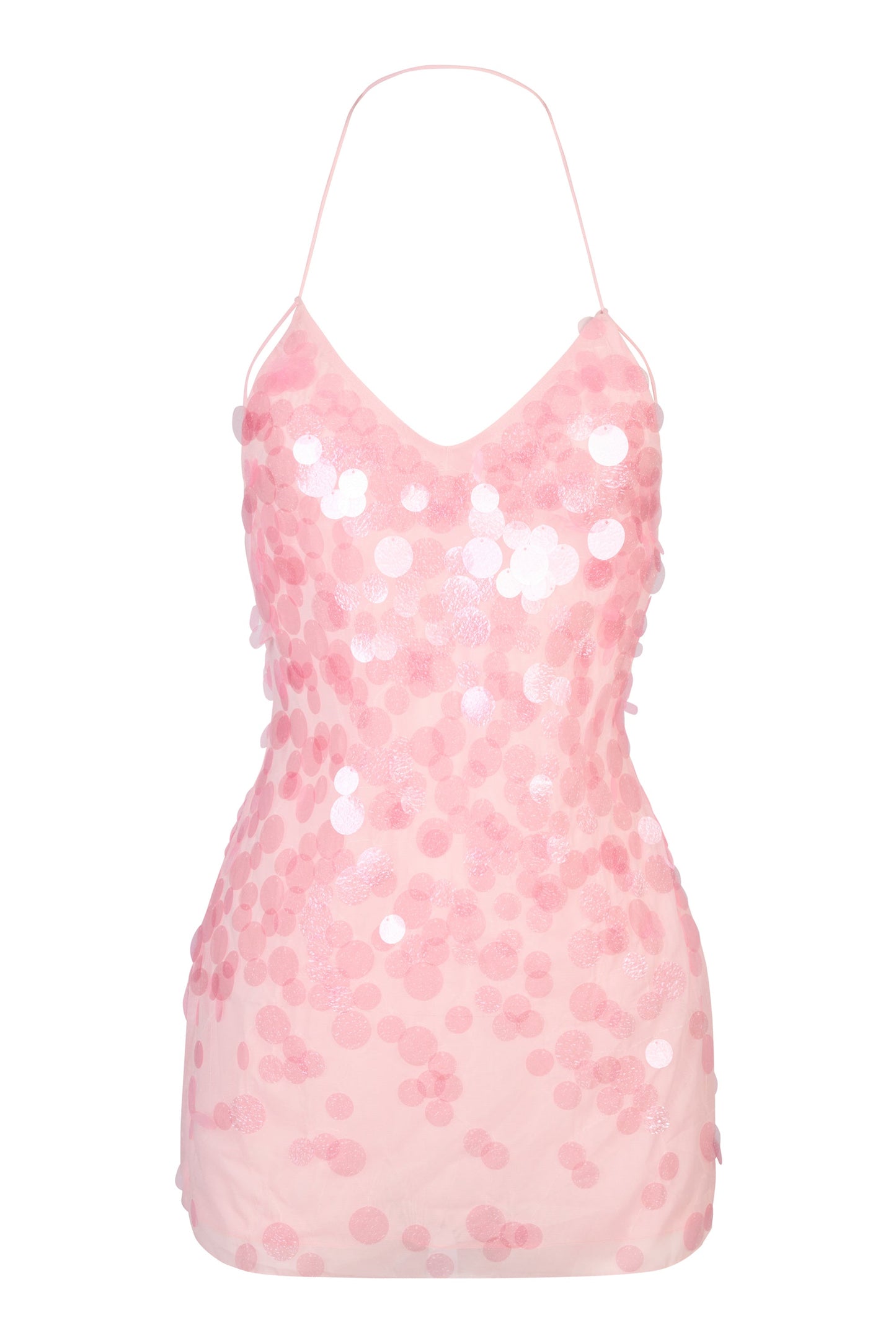 « Sirène » — Robe Courte Maille Pailletée Dos Nu, Rose Bébé