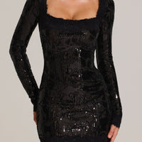 « Minuit Fleuri » — Robe Courte Manches Longues Brodée, Noir