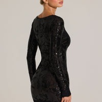 « Minuit Fleuri » — Robe Courte Manches Longues Brodée, Noir