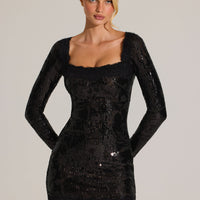 « Minuit Fleuri » — Robe Courte Manches Longues Brodée, Noir