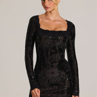 « Minuit Fleuri » — Robe Courte Manches Longues Brodée, Noir