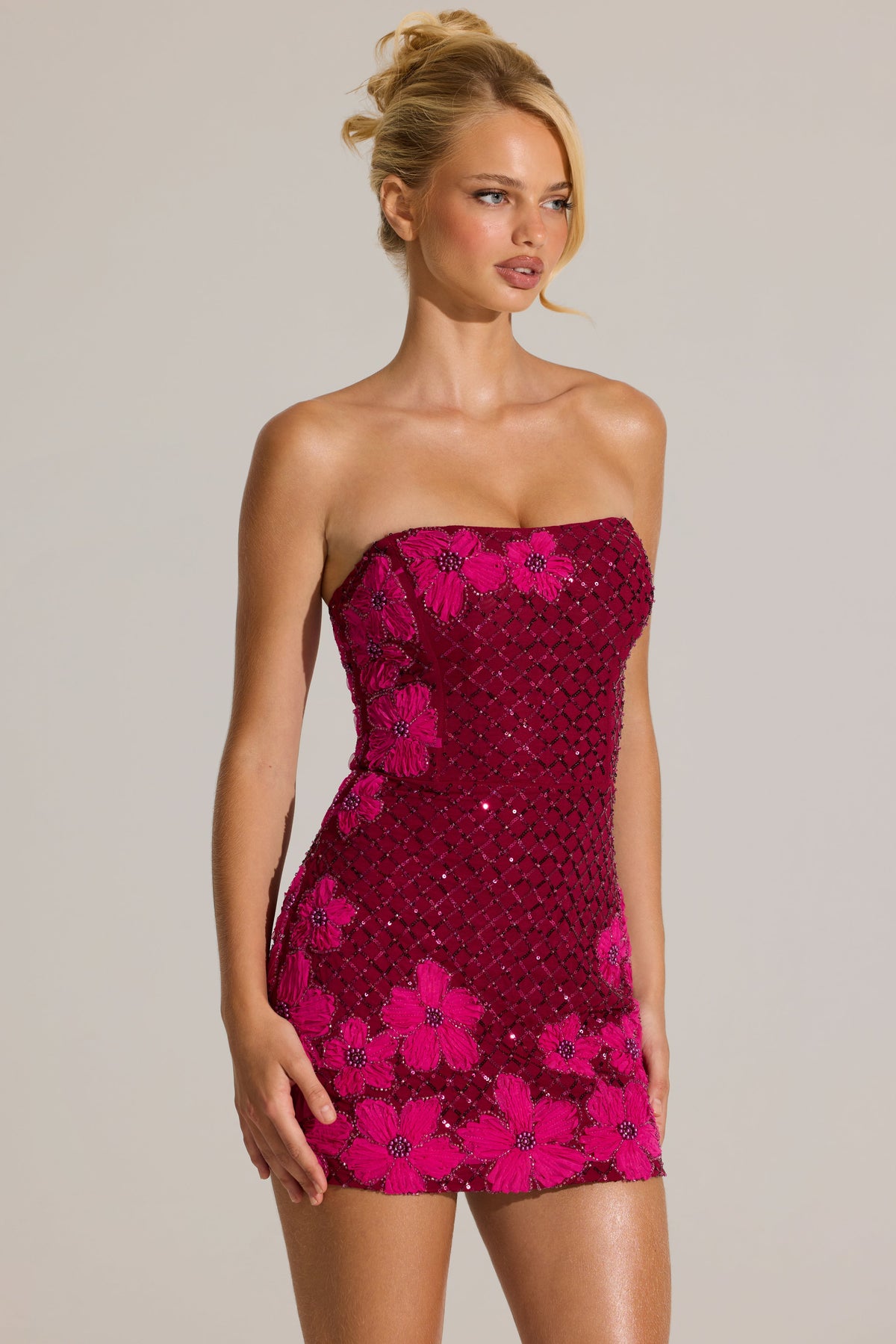 « Jardin d’Hiver » — Robe Courte Bandeau Brodée, Grenat