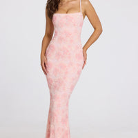 « Opale » — Robe Longue Sculptante Perlée, Rose Ombré