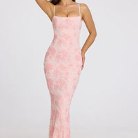 « Opale » — Robe Longue Sculptante Perlée, Rose Ombré