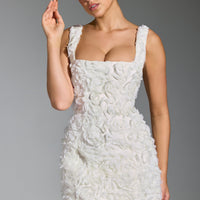 « Bouquet » — Robe Mini Corset Appliquée Fleurie, Blanc