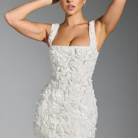 « Bouquet » — Robe Mini Corset Appliquée Fleurie, Blanc