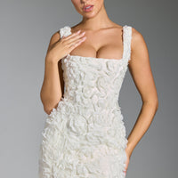 « Bouquet » — Robe Mini Corset Appliquée Fleurie, Blanc