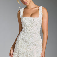 « Bouquet » — Robe Mini Corset Appliquée Fleurie, Blanc