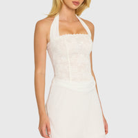 « Étoile » — Robe Mini Corset Dentelle Pailletée, Nacré
