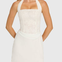 « Étoile » — Robe Mini Corset Dentelle Pailletée, Nacré