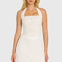 « Étoile » — Robe Mini Corset Dentelle Pailletée, Nacré