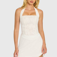 « Étoile » — Robe Mini Corset Dentelle Pailletée, Nacré